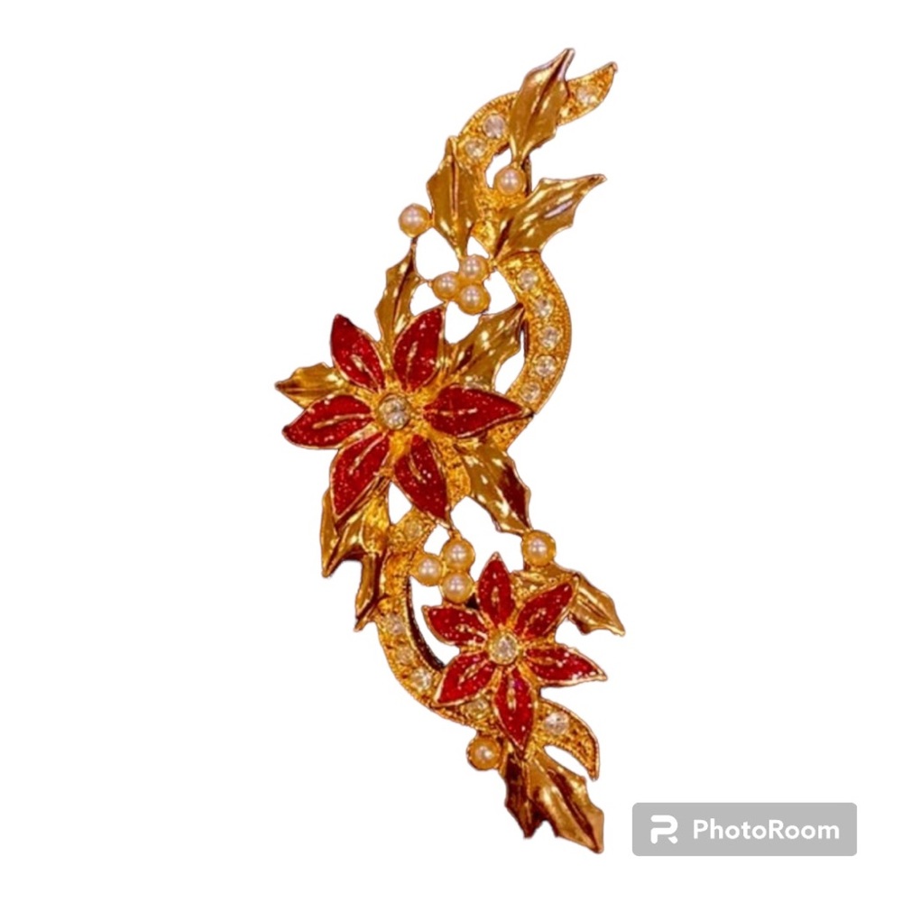 Vintage Christmas poinsettia with red enamel , rhinestones and pearls